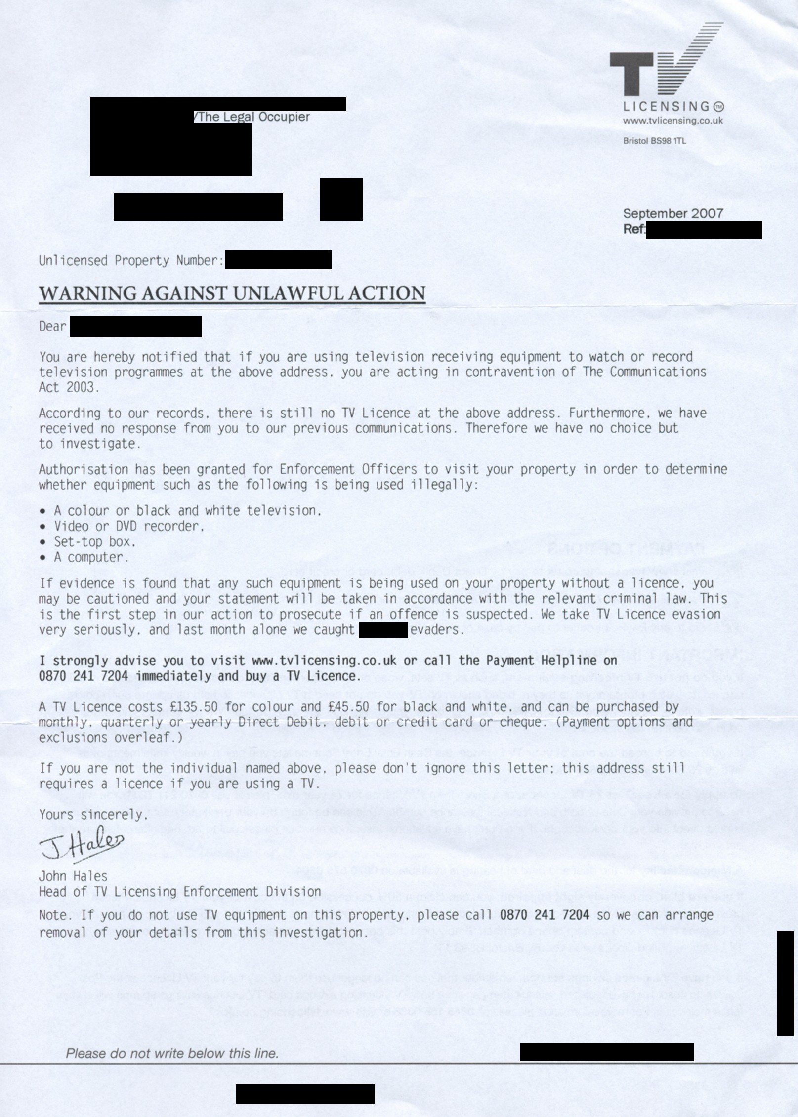 Letters from BBC Television Licensing/2007 letters
